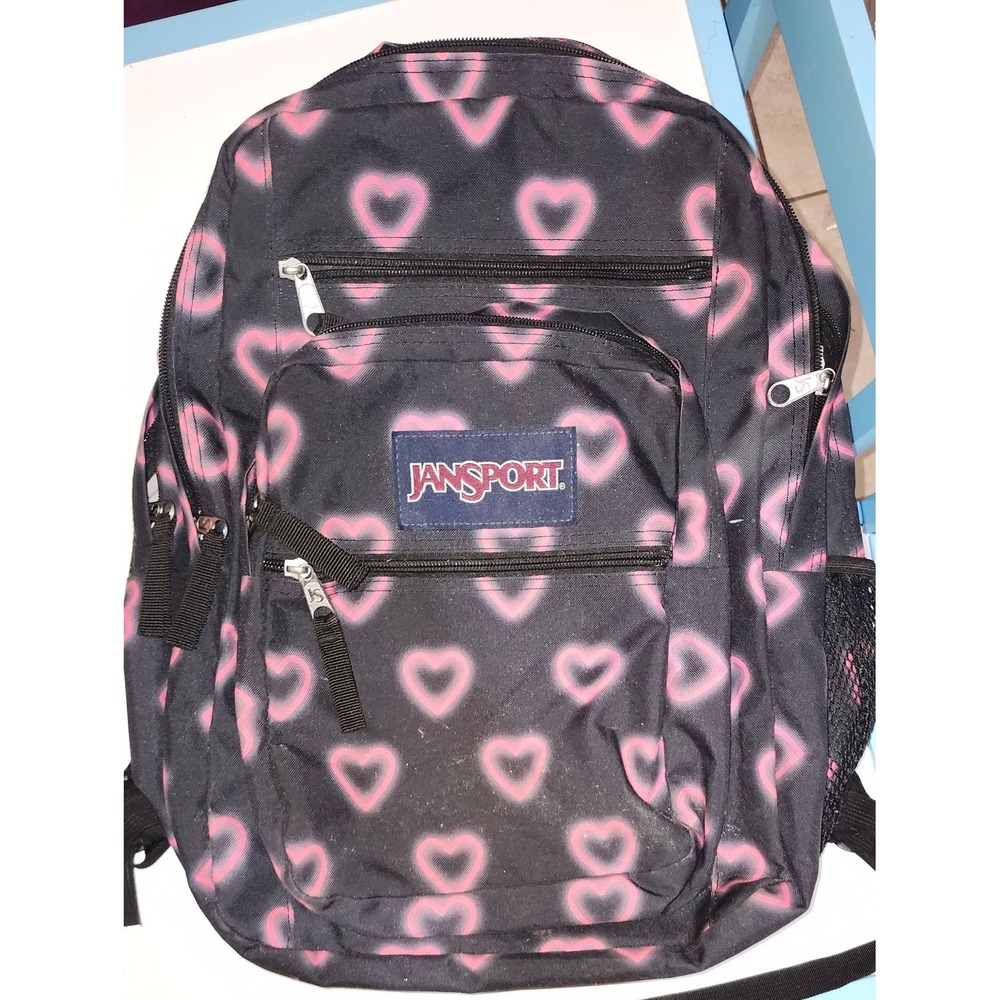 JanSport Backpack Black Pink Airbrush Heart Print School Bookbag Travel Bag